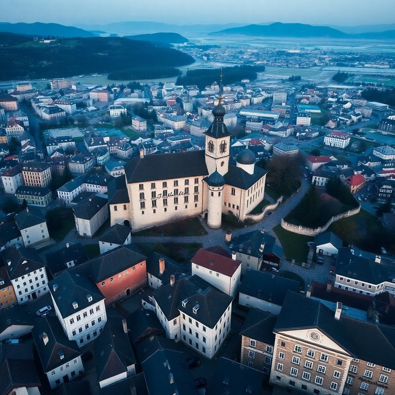 Aerialni pogled na Ljubljanski grad in mestno mrežo v jutranji svetlobi