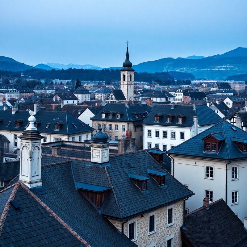 Strehe ljubljanskega starega mestnega jedra v mraku, mirna alpska svetloba